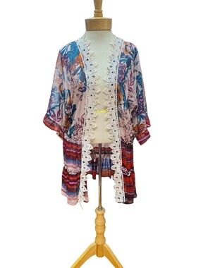 Signature Studio Plus Size 2X Floral Kimono Cardigan Lace Trim Ruffle Sheer Flow